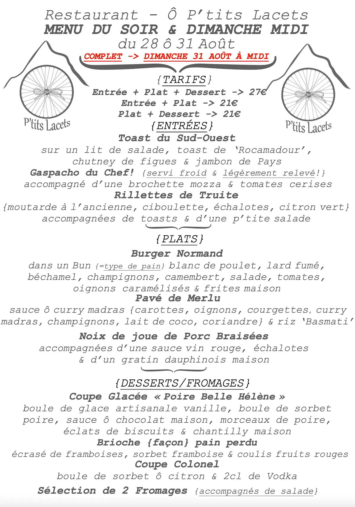 Menu du Soir & Dimanche Midi -> du 28 ô 31 Août {COMPLET DIMANCHE 31 À MIDI!}