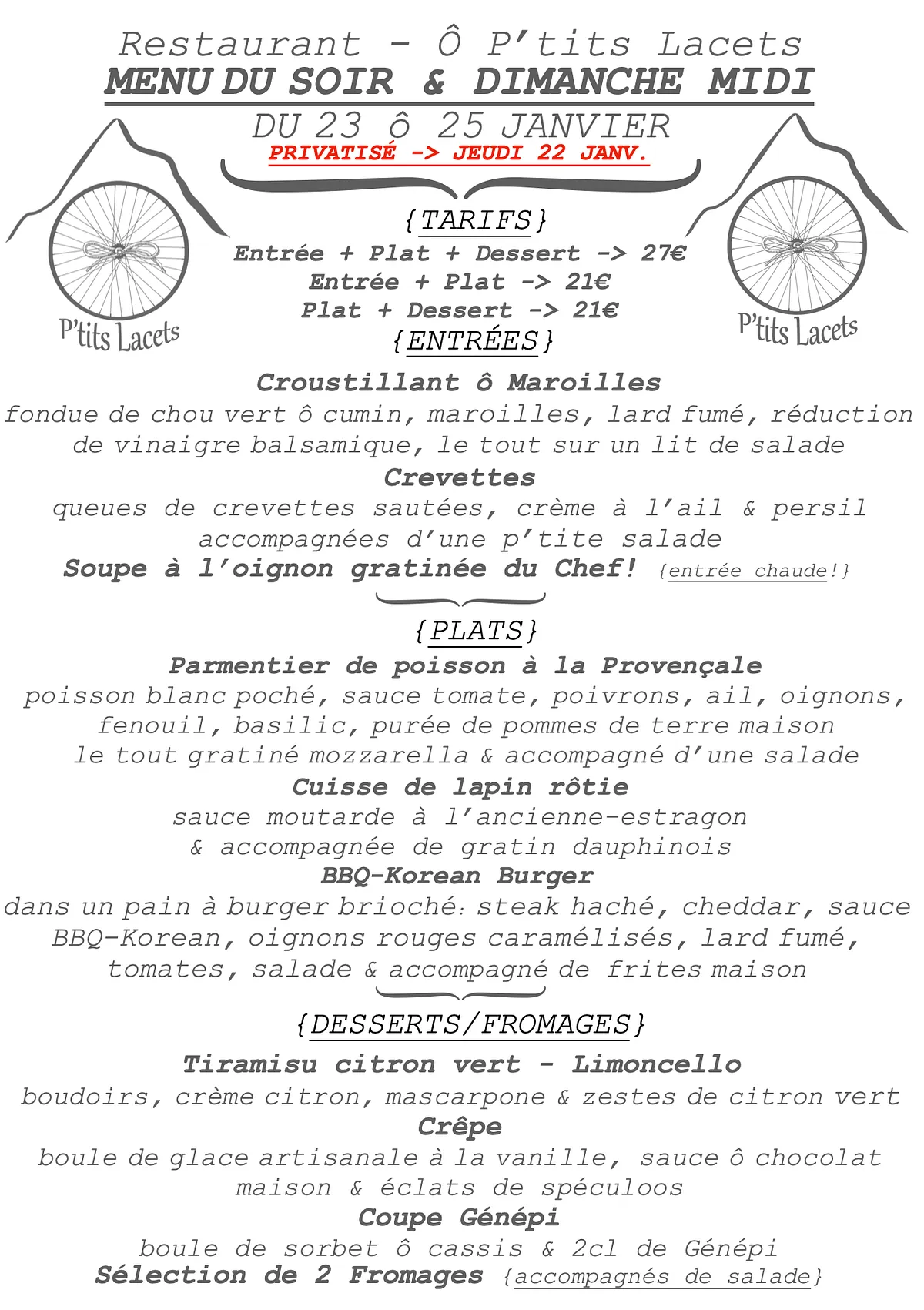 Menu du Soir & Dimanche Midi -> du 23 ô 25 Janvier