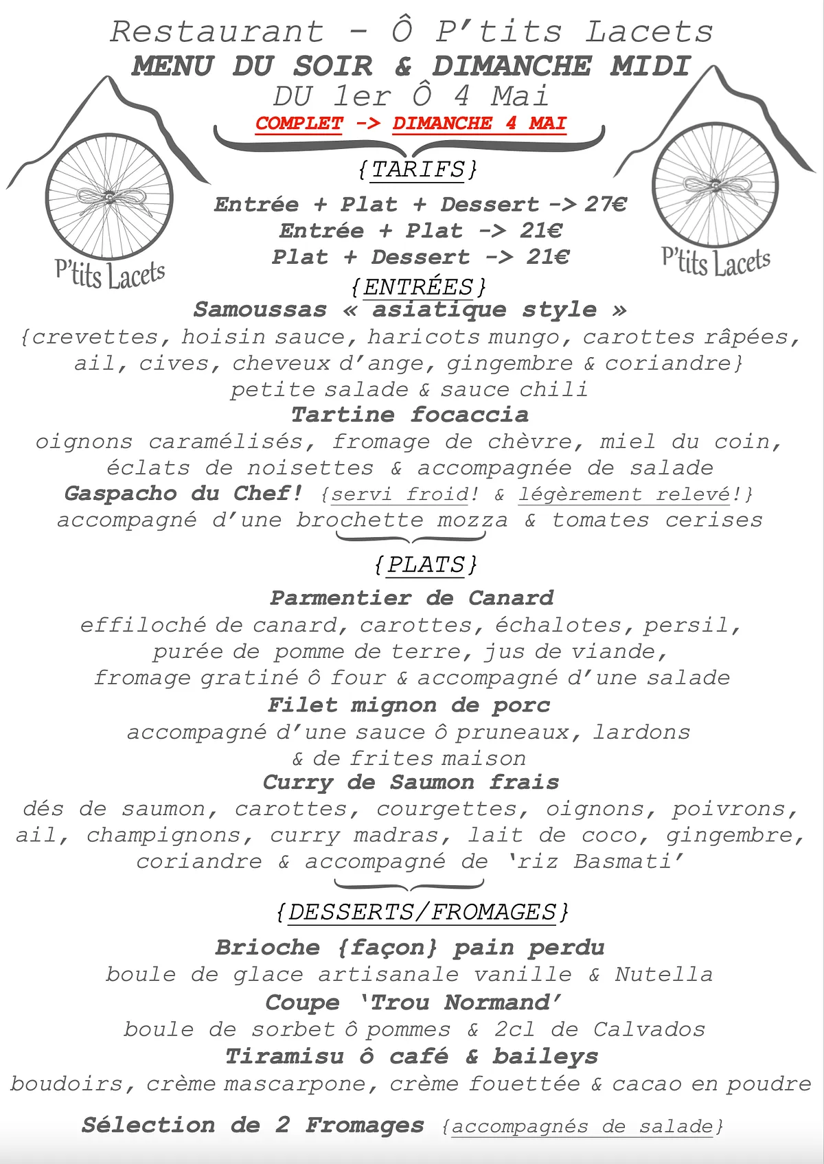 Menu du Soir & Dimanche Midi -> du 1er ô 4 Mai {Complet Dimanche 4 Mai à midi!}