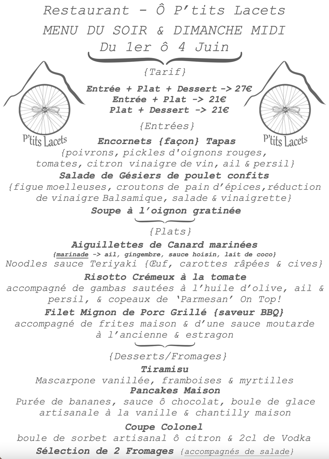 Menu Soir & Dimanche Midi -> du 1er ô 4 Juin